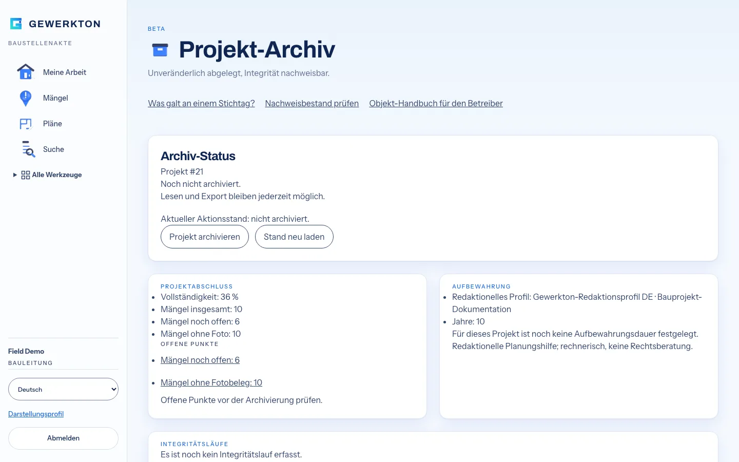 Gewerkton-Web-App, Seite Projekt-Archiv mit Beta-Kennzeichen: Karten für Archiv-Status, Projektabschluss, Aufbewahrung und Integritätsläufe, darüber die Links Was galt an einem Stichtag, Nachweisbestand prüfen und Objekt-Handbuch für den Betreiber