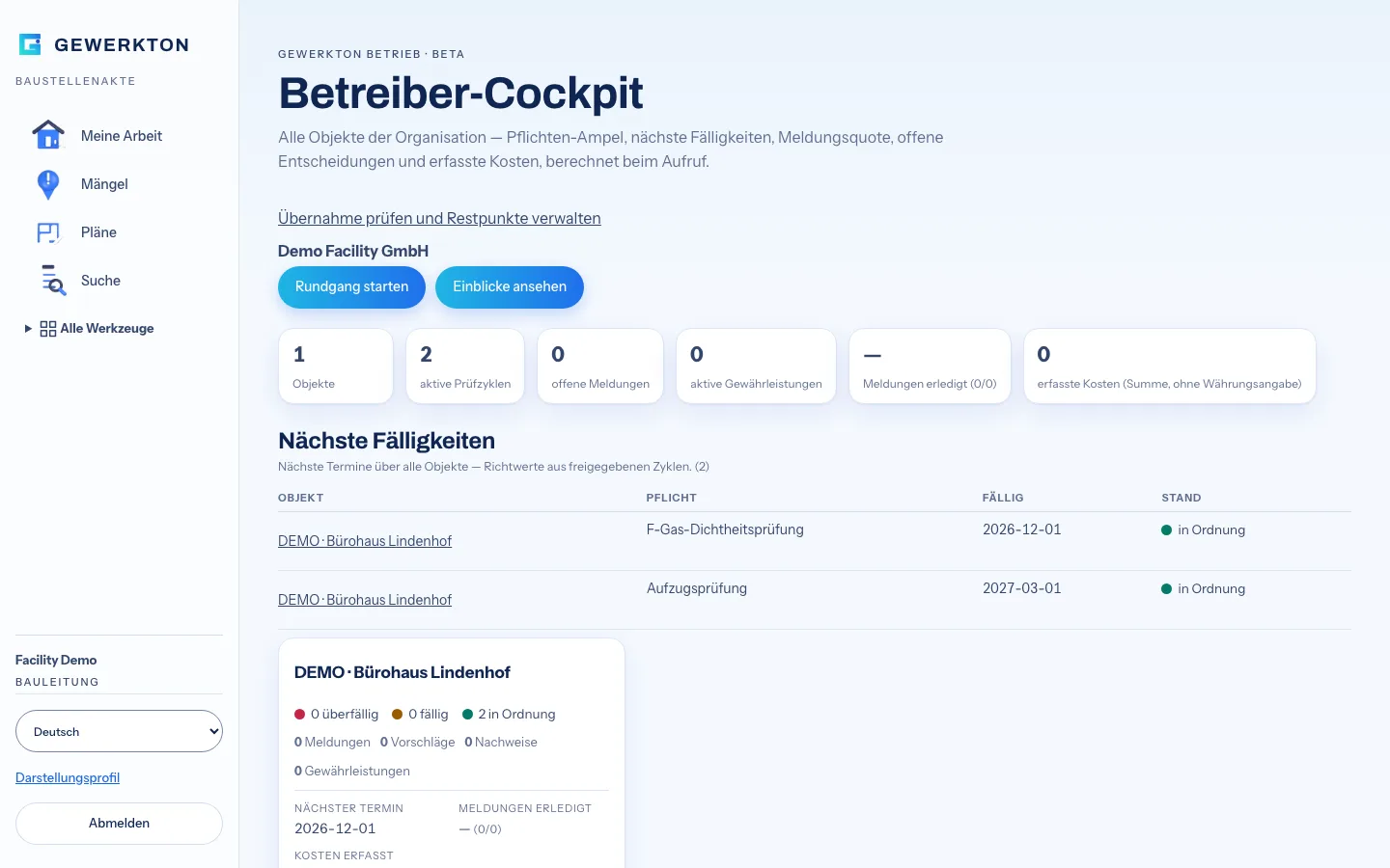 Gewerkton-Web-App, Betreiber-Cockpit von Gewerkton Betrieb mit Beta-Kennzeichen: Kacheln für Objekte, Prüfzyklen, Meldungen und Gewährleistungen, eine Tabelle Nächste Fälligkeiten und die Karte eines Demo-Bürohauses