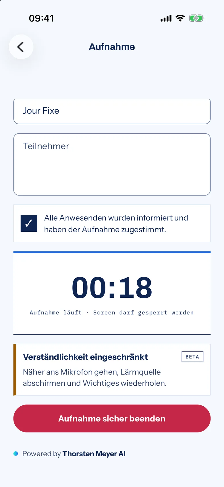 Laufende Aufnahme in der Gewerkton-App auf dem iPhone: Einwilligung bestätigt, Zeitanzeige, Hinweis „Verständlichkeit eingeschränkt“ und Knopf „Aufnahme sicher beenden“