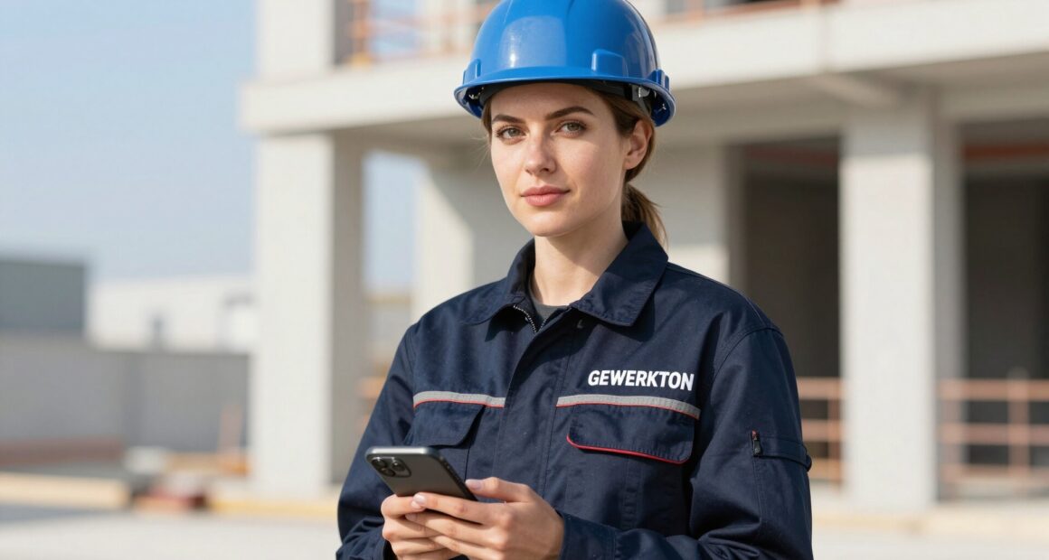 Bauleiterin mit blauem Schutzhelm und dunkelblauer Arbeitsjacke mit GEWERKTON-Schriftzug hält auf der Baustelle ein Smartphone in den Händen