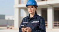 Bauleiterin mit blauem Schutzhelm und dunkelblauer Arbeitsjacke mit GEWERKTON-Schriftzug hält auf der Baustelle ein Smartphone in den Händen