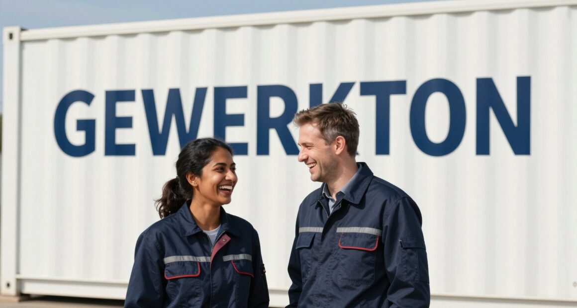Zwei Fachleute in dunkelblauer Arbeitskleidung lachen vor einem weißen Baucontainer mit dem Schriftzug GEWERKTON