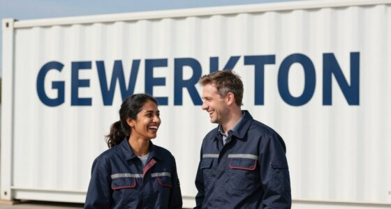 Zwei Fachleute in dunkelblauer Arbeitskleidung lachen vor einem weißen Baucontainer mit dem Schriftzug GEWERKTON
