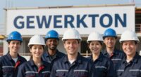 Gruppenbild auf einer Baustelle: acht Personen in dunkelblauer Arbeitskleidung mit blauen und weißen Helmen vor einem Bauschild mit dem Schriftzug GEWERKTON