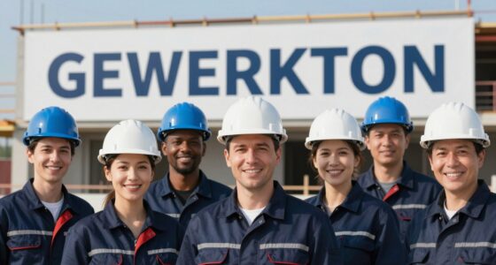 Gruppenbild auf einer Baustelle: acht Personen in dunkelblauer Arbeitskleidung mit blauen und weißen Helmen vor einem Bauschild mit dem Schriftzug GEWERKTON